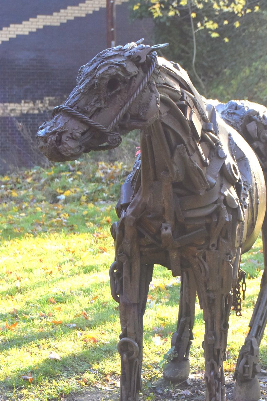 Vulcan Road, start of Lunt path. Ponies. sculptor Sally Mathews. there were 3 , now only 2