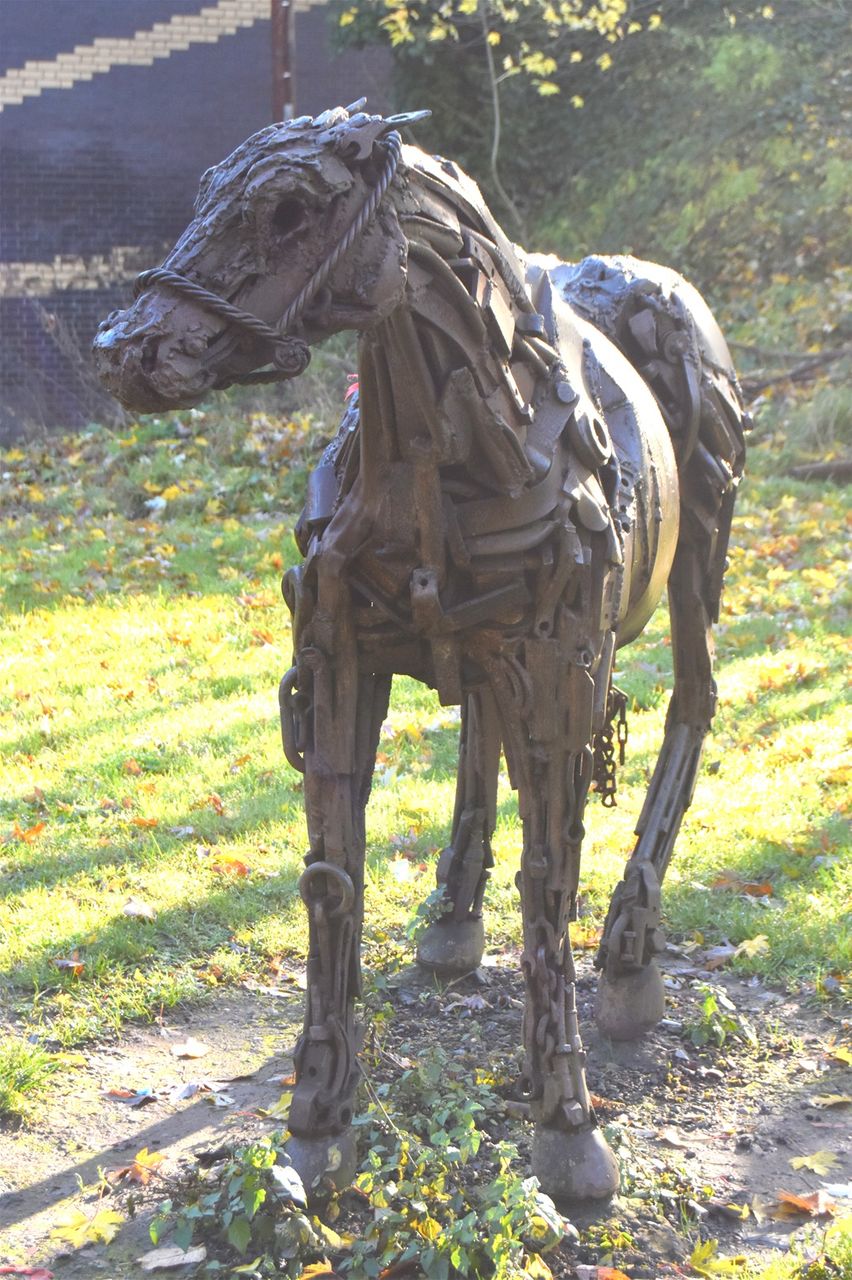 Vulcan Road, start of Lunt path. Ponies. sculptor Sally Mathews. there were 3 , now only 2